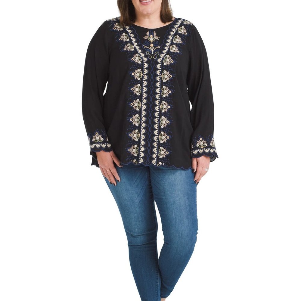 new andree hippie boho embroidered blouse top black 1x